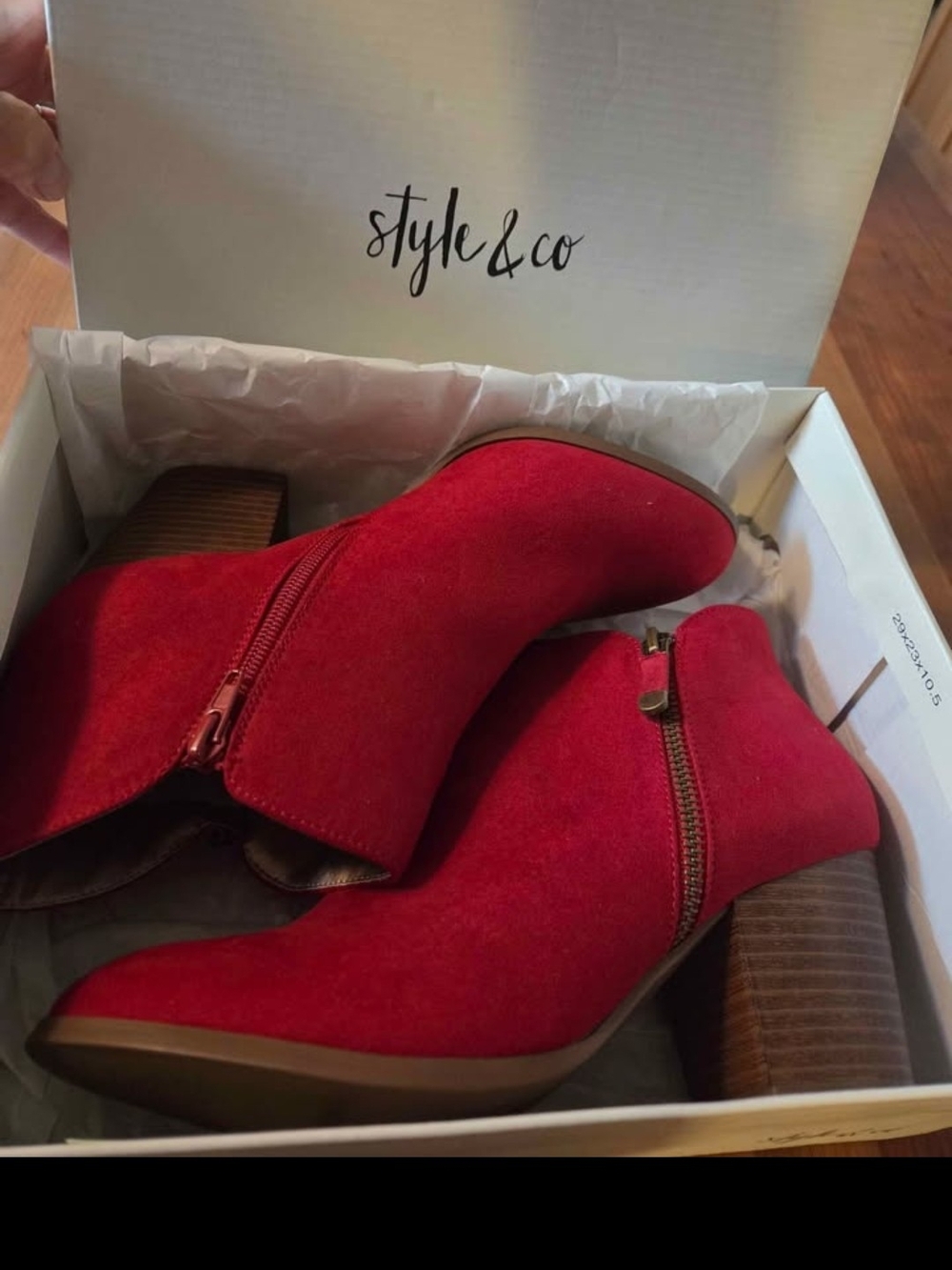 NIB Style & Co. Red Suede Ankle Booties with Stacked Heel